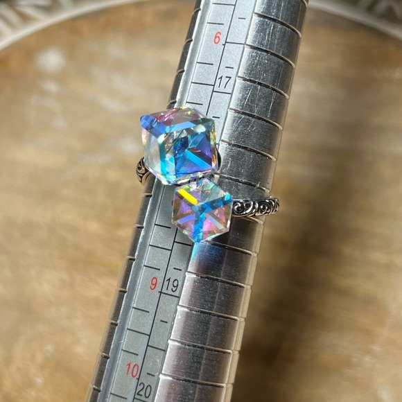 *SOLD* Iridescent Glass Crystal Cubes 925 Sterling Silver Bypass Ring - Picture 16 of 17
